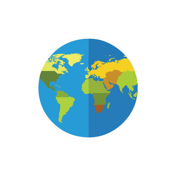 Flat, simplified globe with continents depicted in distinct colors
