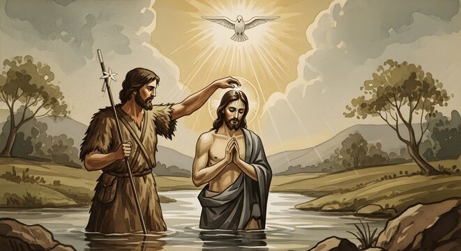 Religious Digital Watercolor Painting of the Baptism of Jesus Christ by John the Baptist in the Jordan River with Vintage Artistic Muted Tones and Antique Aesthetic Illustration.