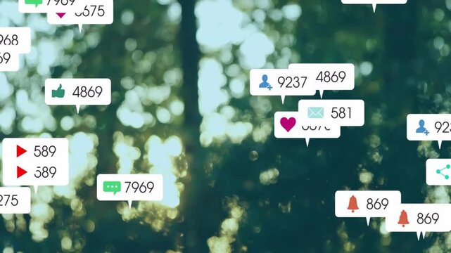 Notification callouts spreading across forest, alerts driving icons and counts showing social surge