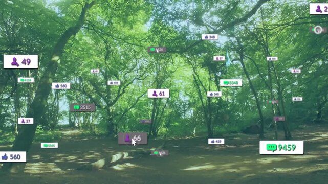 Woodland log, purple badge starting engagement surge, cursor spawning badges, counts rising, fading