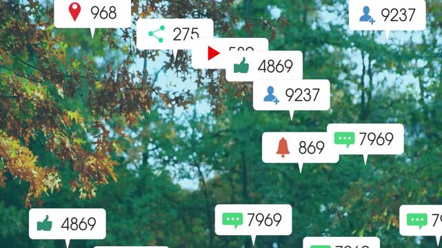 Badges showing counters popping clustering rising over trees triggered by social feed for marketers