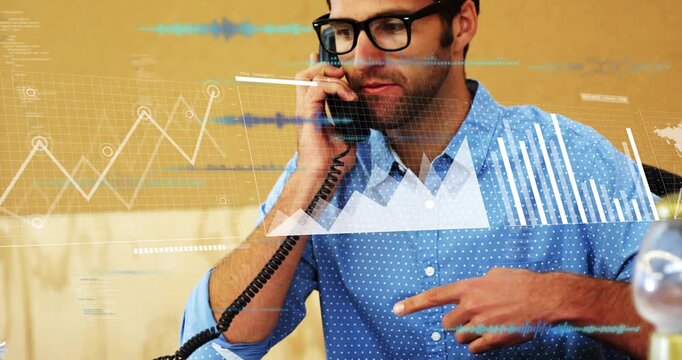 Finance analyst answering phone while pointing at records, animated charts moving over torso right