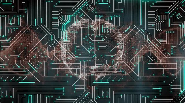 Circuit-board pattern showing nebula wisps forming ring, teal traces pulsing to show signal flow