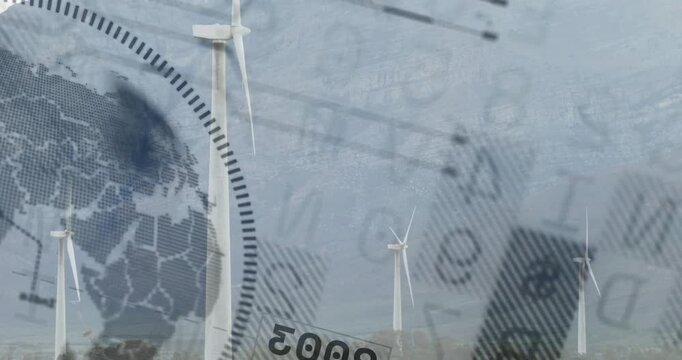 Turbines spinning over scrubland, data driving moving globe, dial, 2003 stamp showing energy