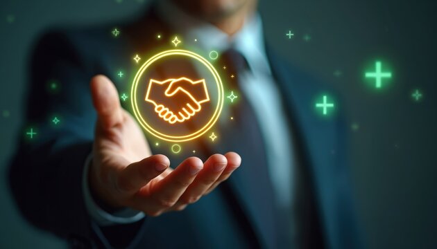 Man in suit holds glowing handshake icon above palm. Symbolizes partnership and successful business deal. Positive outcomes achieved through teamwork and cooperation.