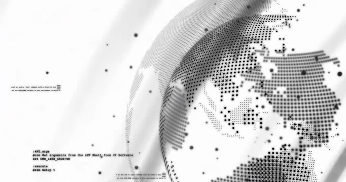 Play initiating halftone globe rotating inward, emitting data points and highlighting code for tech