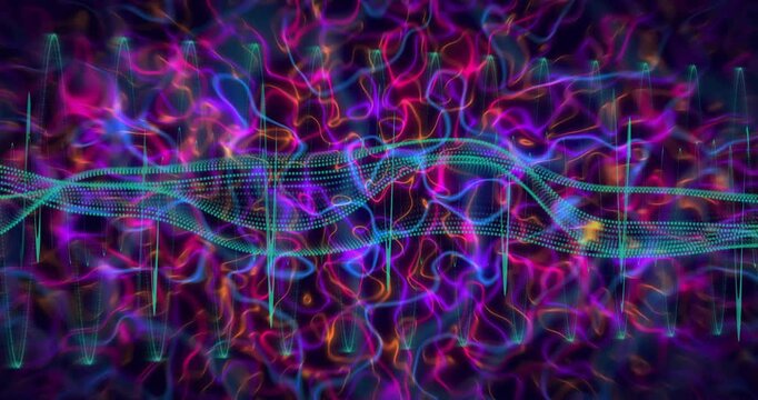 Oscillating teal dotted wave ribbons weaving across dark backdrop with neon tendrils, cyan spikes