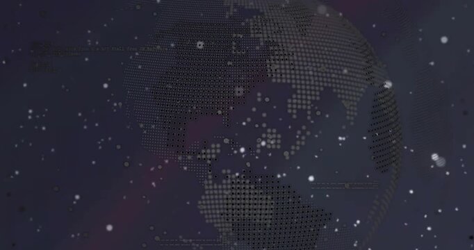 Playback starting, dotted globe rotating revealing continents as particles drift, showing tech data