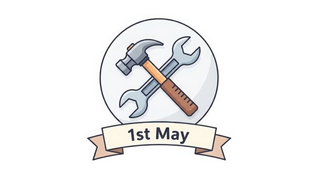 1st May International Workers' Day badge with crossed hammer and wrench tools