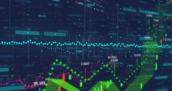 Playhead advancing, finance display showing trends, green mesh rising, candlesticks forming peaks