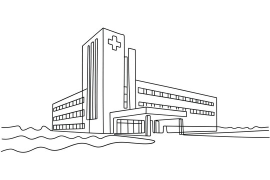 Line drawing depicts a modern hospital building with a cross symbol