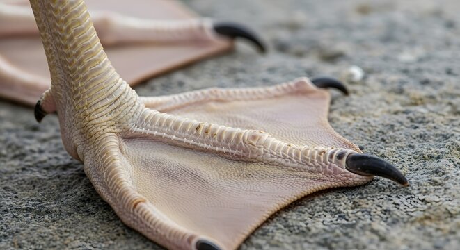 A high detail close up of a seagull webbed feet standing on a gray stone surface