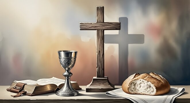 Spiritual Watercolor Painting of a Religious Altar Featuring a Wooden Cross with Holy Communion Bread and Wine Chalice against a Soft Ethereal Background for Christian Faith and Devotion