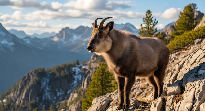 A wild serow standing on a rocky mountain ledge with a vast mountain range in the background