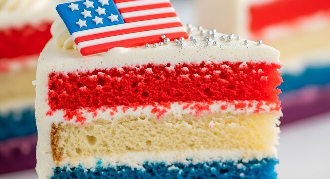 Patriotic fourth of july cake slice with american flag topper