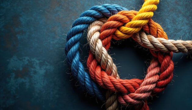 Colorful ropes are tied in a tight knot on a dark background. The thick cordage is woven together creating an abstract pattern. This signifies unity and strong bonds.