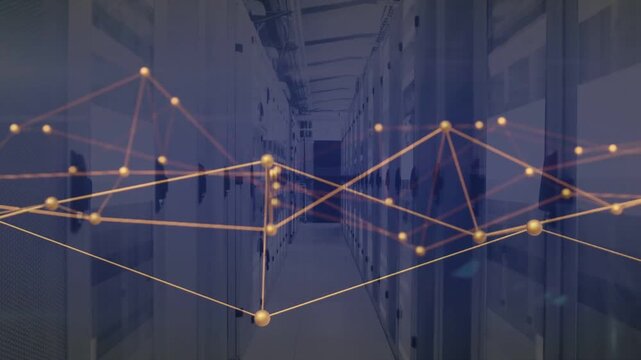 Server racks holding still in datacenter as datastream driving graph pulsing nodes mapping traffic
