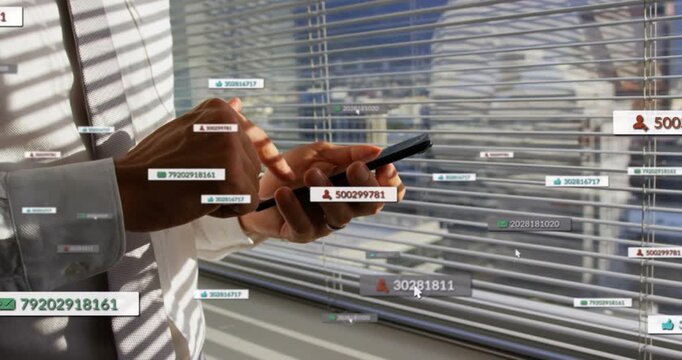 Businessman tapping phone at window, generating floating tags crowding phone for business