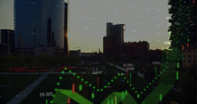 City skyline and park showing market data, sun dipping behind roof causing green mesh pulsing