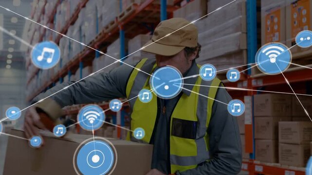 Warehouse packer scanning barcode and taping box starting blue network icons growing, obscuring him