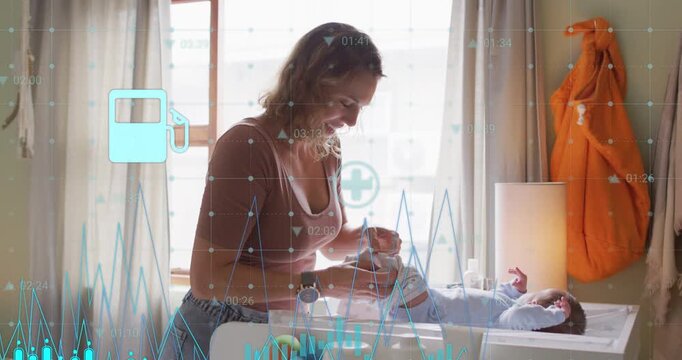Mother lifting legs and diapering baby while blue icons floating over pad showing care for comfort