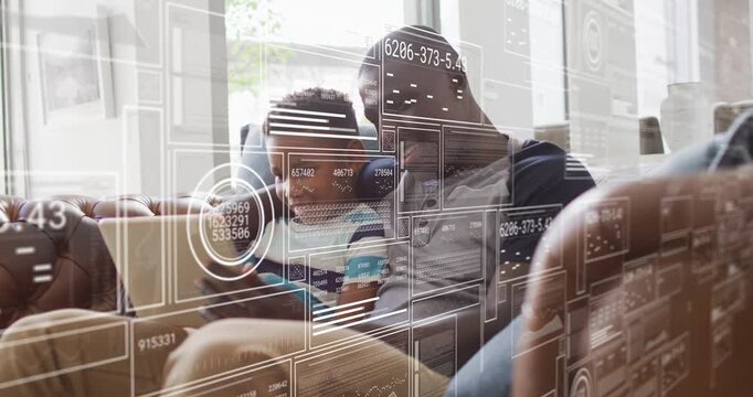 Child tapping tablet starting HUD panels father leaning guiding panels shifting and fading to teach