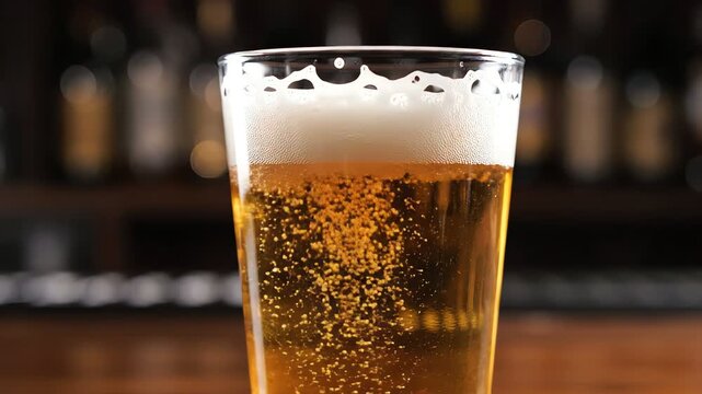 Pouring golden beer with frothy head into a pint glass, close-up shot