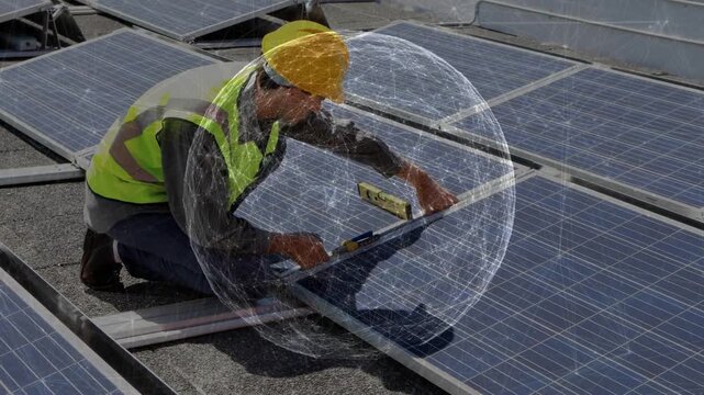 Solar tech kneeling with level, aligning panel ensuring output while sphere overlay showing panel