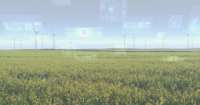 UI panels rising on data update above yellow field, drifting, showing metrics then fading