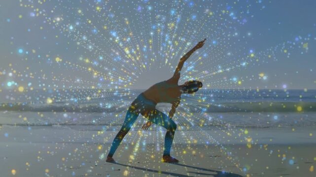 Woman planting feet initiating side-bend on wet sand, starburst radiating from her pulsing for yoga