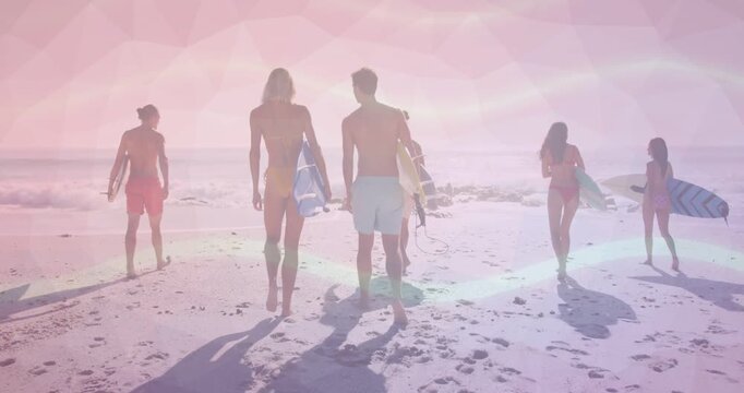 Five adult surfers deciding to surf, walking toward ocean under pink overlay, carrying boards