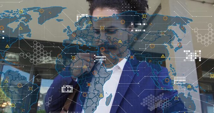 Man in navy-blazer answering call, tapping device as world map HUD expanding over him for business