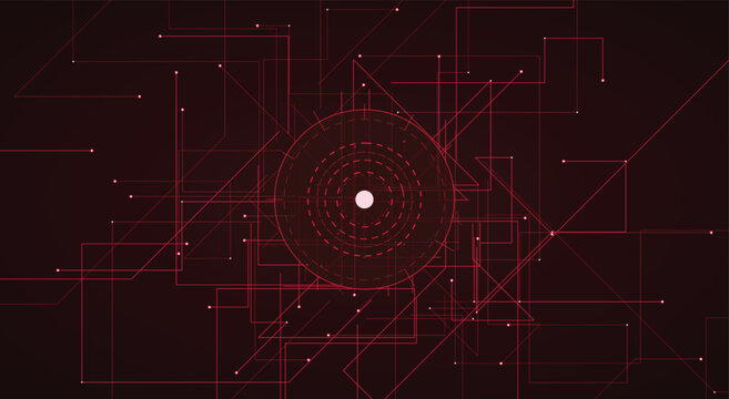 High tech digital plexus background featuring crimson red connecting lines and central glowing node for abstract big data visualization software interface and dynamic vector illustration