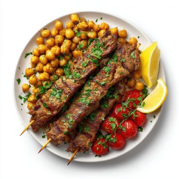 Kuzu sis Turkey food plate with grilled lamb skewers isolated on a white background