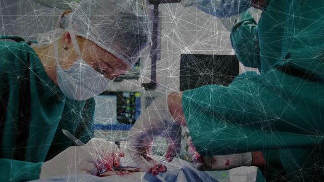 Surgeon placing scalpel and cutting, assistant holding tissue, animation showing sutures on surgery