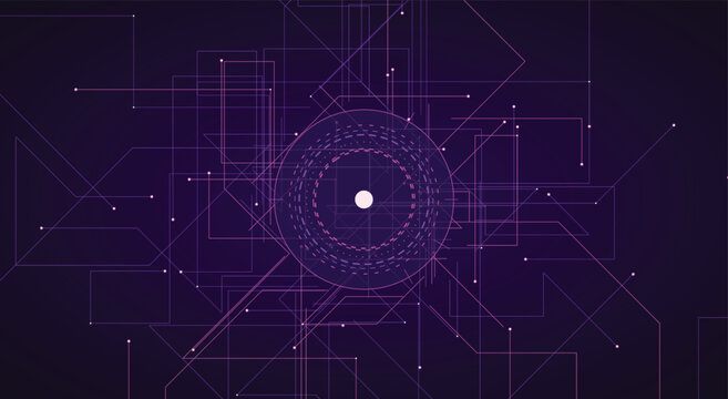 Abstract futuristic digital network background with glowing purple lines and connecting dots forming a central geometric target for modern tech server presentation vector illustration
