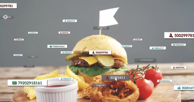 Floating UI labels drifting over table in studio, cursor hovering over burger, onion ring, ramekin