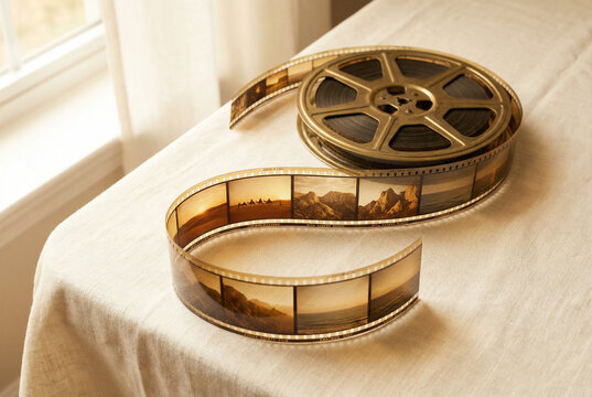 Vintage 35mm film reel with landscape negatives unrolled on table near window.