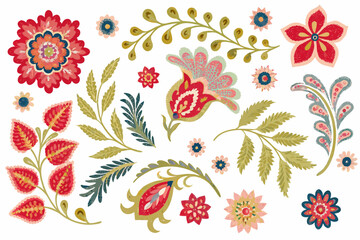 Colorful folk floral arrangements and botanical elements on a white background © Indira