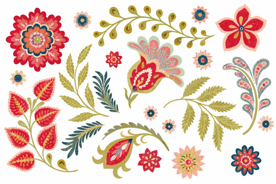 Colorful folk floral arrangements and botanical elements on a white background