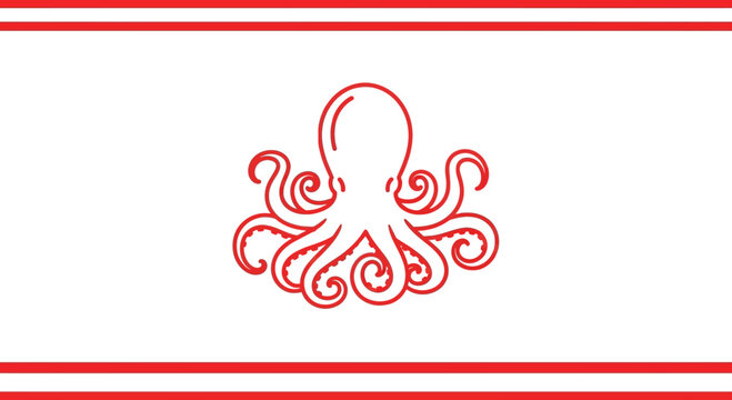 Minimalist Red Octopus Outline Illustration on White Background with Decorative Red Borders