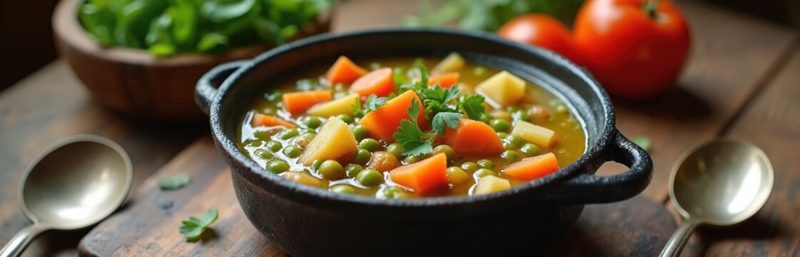 Hearty split pea soup with carrots potatoes and herbs simmers in black pot. Fresh vegetables and spoons arranged on rustic wooden table. Warm comforting meal perfect for cold weather.