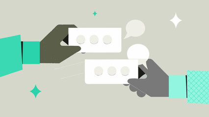Fototapeta premium Hands exchanging white cards with holes amidst abstract shapes