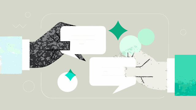 Abstract illustration depicting a connection between two hands with speech bubbles