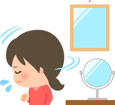 鏡から顔を背ける若い女性