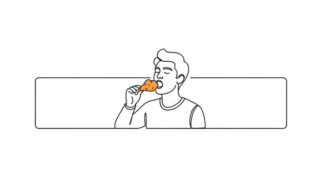 Young man relishing a delicious fried chicken drumstick in a minimalist continuous line art style