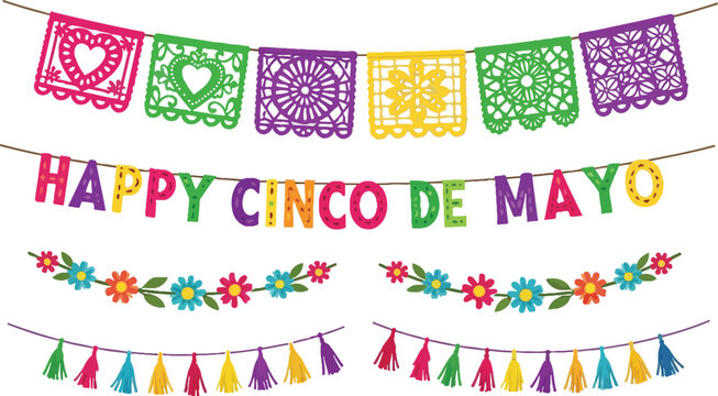 Colorful Happy Cinco de Mayo banners and decorations with traditional papel picado, floral garlands, and playful tassels.