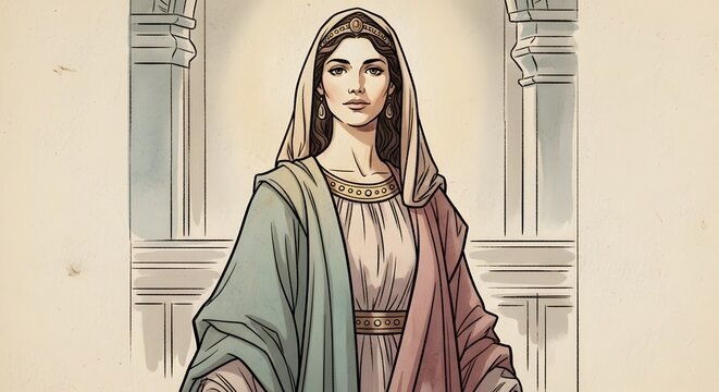 Regal portrait of Queen Esther from biblical scripture, digital watercolor illustration featuring elegant royalty, vintage aesthetic artwork with artistic brushstroke and historical elegance.