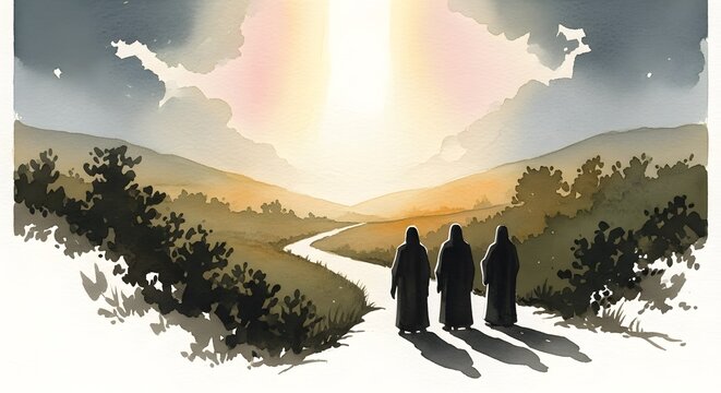 Biblical Scene of Three Dark Silhouettes Walking on the Spiritual Road to Emmaus featuring Majestic Ethereal Landscape with Warm Radiant Light and Minimalist Negative Space Composition