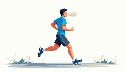 Fototapeta premium Man runs outdoors breathing heavily. He wears blue t shirt and dark shorts. Fitness runner trains cardio at sunny day. Active male jogger performs workout.